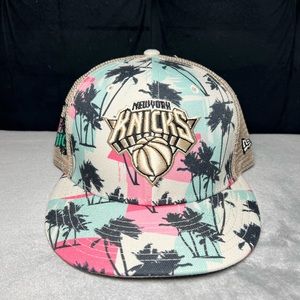 Men's New York Knicks New Era Cream Palm Trees 9FIFTY Trucker Snapback Hat